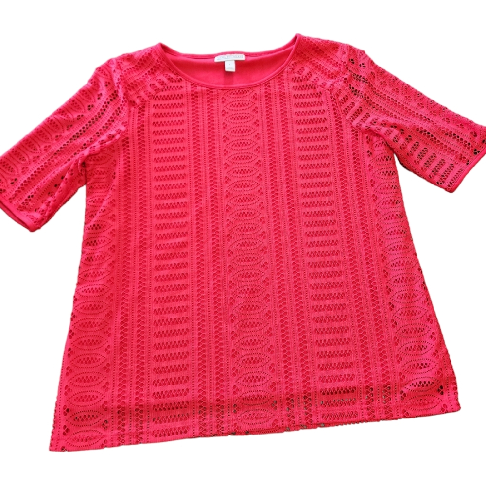 Dana Buchman Womens Short Sleeve Blouse Red Keyhole Pattern Spandex Liner Large